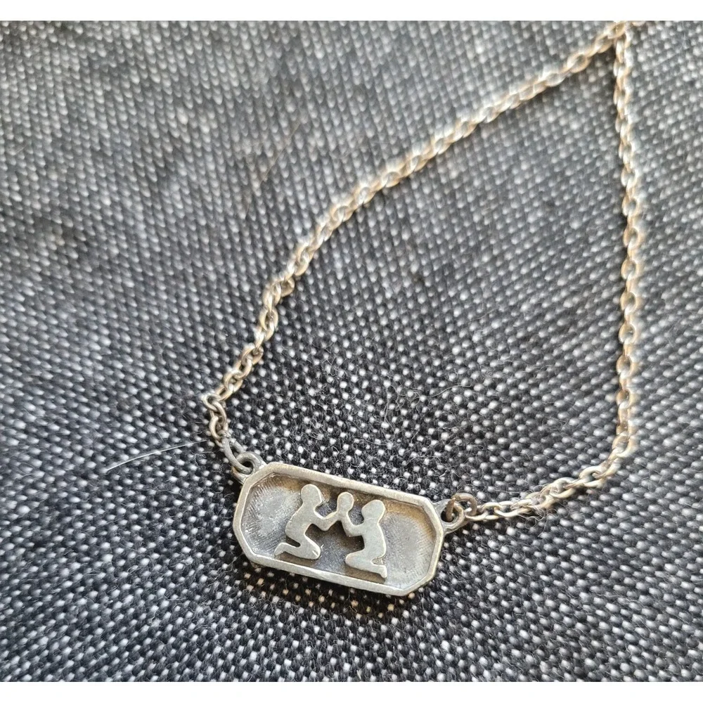 Vintage 70s Gemini‎ Necklace Twins Silver Tone Small Boho Hippie